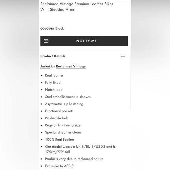 ASOS Reclaimed Vintage Black Real Leather Biker
Jacket Moto Stud ASOS H&M Zara M - Picture 13 of 16